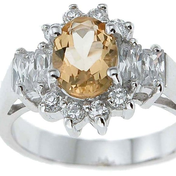 Oval 1ct Citrine Ring with CZ Accents Rhodium Plated SS - 2.25 tcw